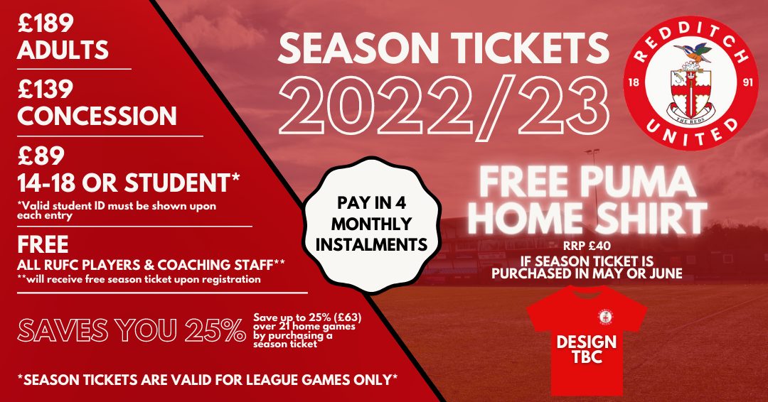 FOOTBALL Redditch United season tickets on sale now with free shirt